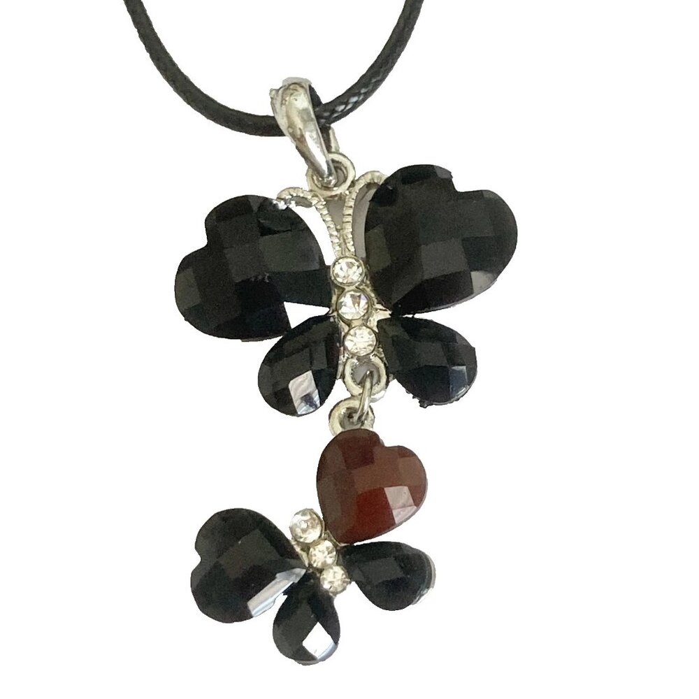 Vintage Black Acrylic Butterfly Necklace Pendant Silver Plated Jeweled Cut 18"